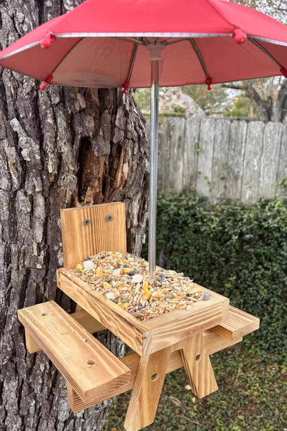 Wooden Squirrel Picnic Table Feeder With Umbrella