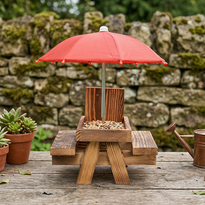Wooden Squirrel Picnic Table Feeder With Umbrella