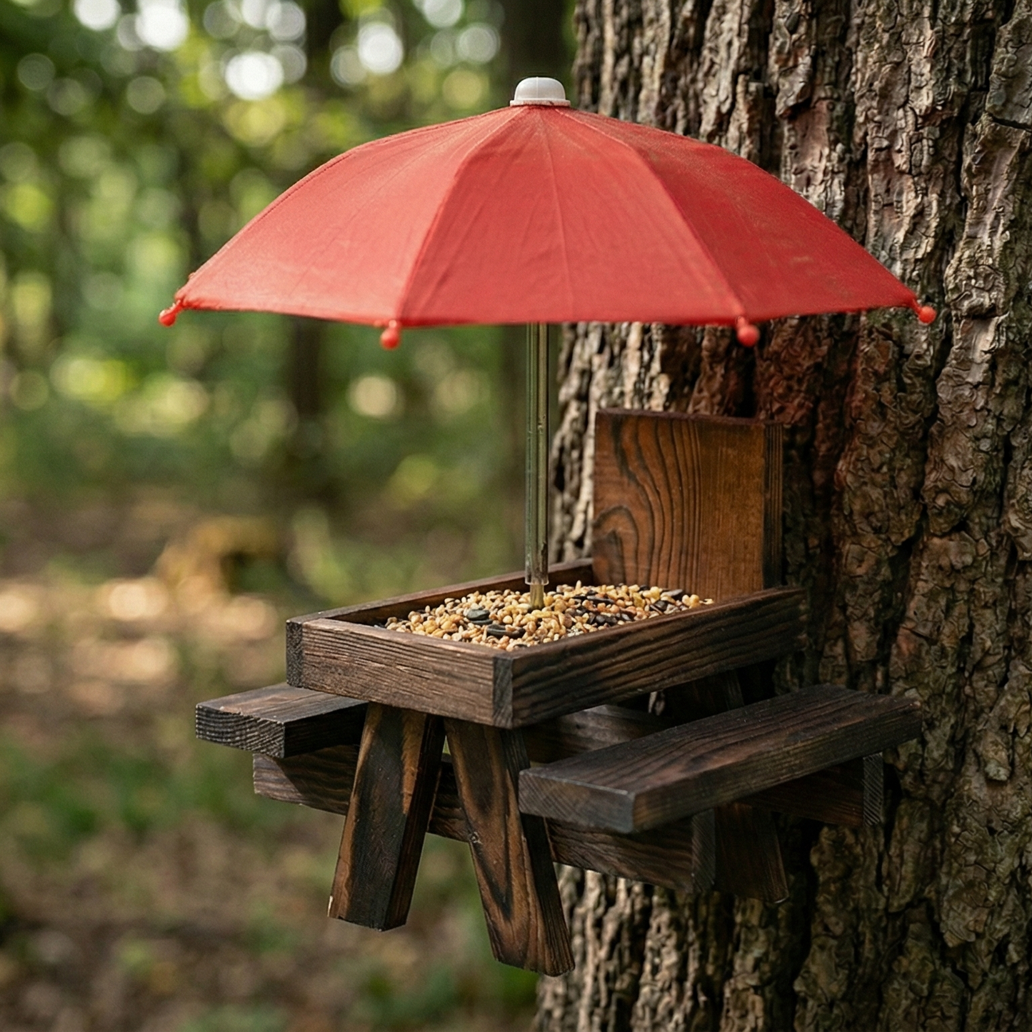 Wooden Squirrel Picnic Table Feeder With Umbrella