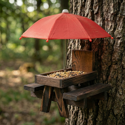 Wooden Squirrel Picnic Table Feeder With Umbrella