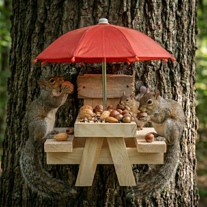 Wooden Squirrel Picnic Table Feeder With Umbrella