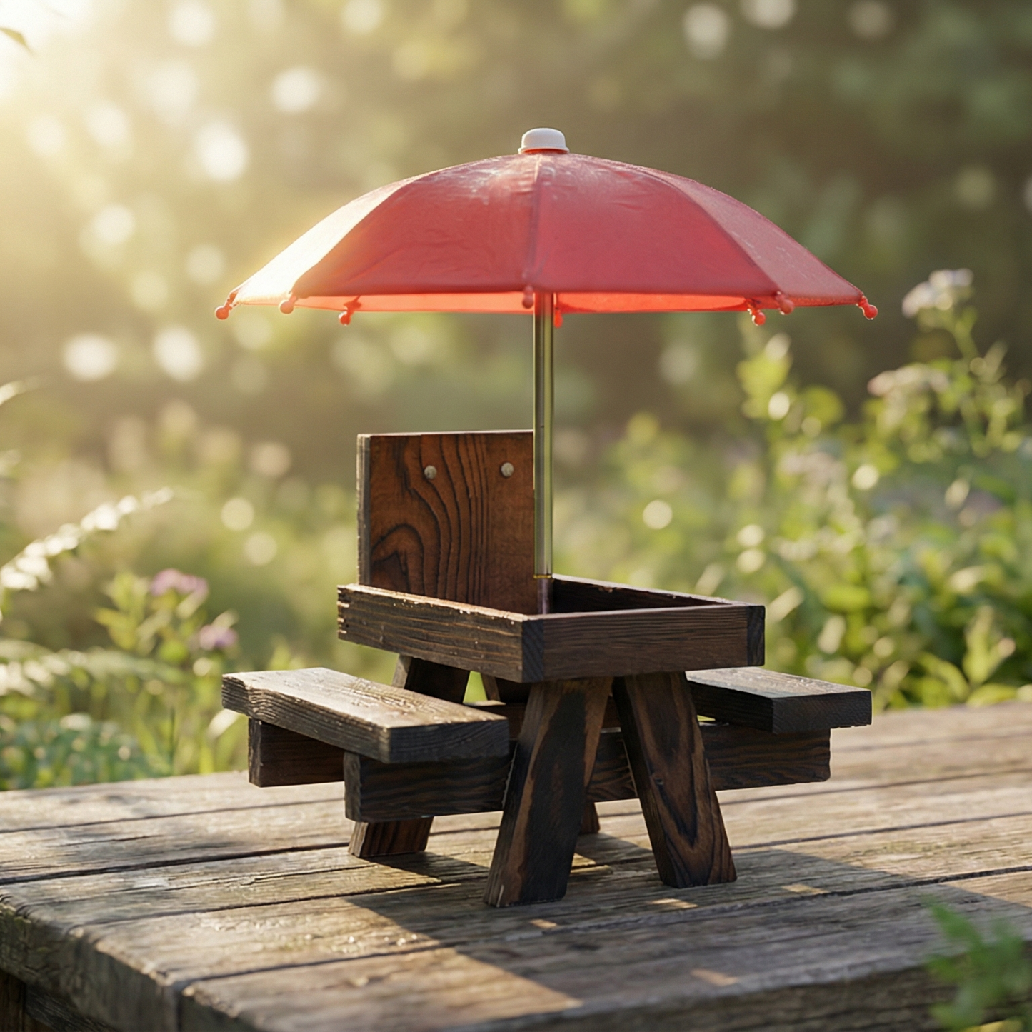 Wooden Squirrel Picnic Table Feeder With Umbrella