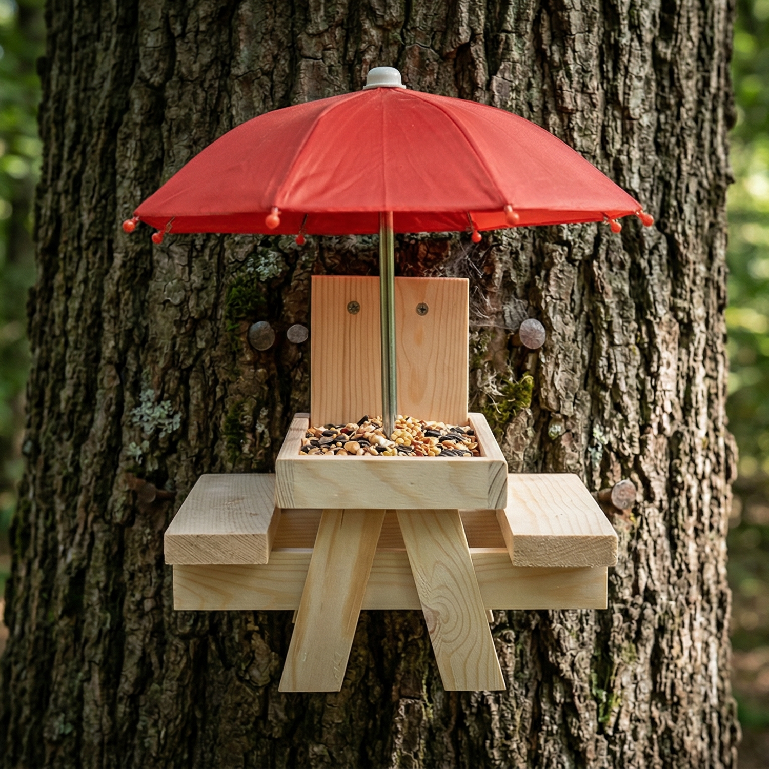 Wooden Squirrel Picnic Table Feeder With Umbrella