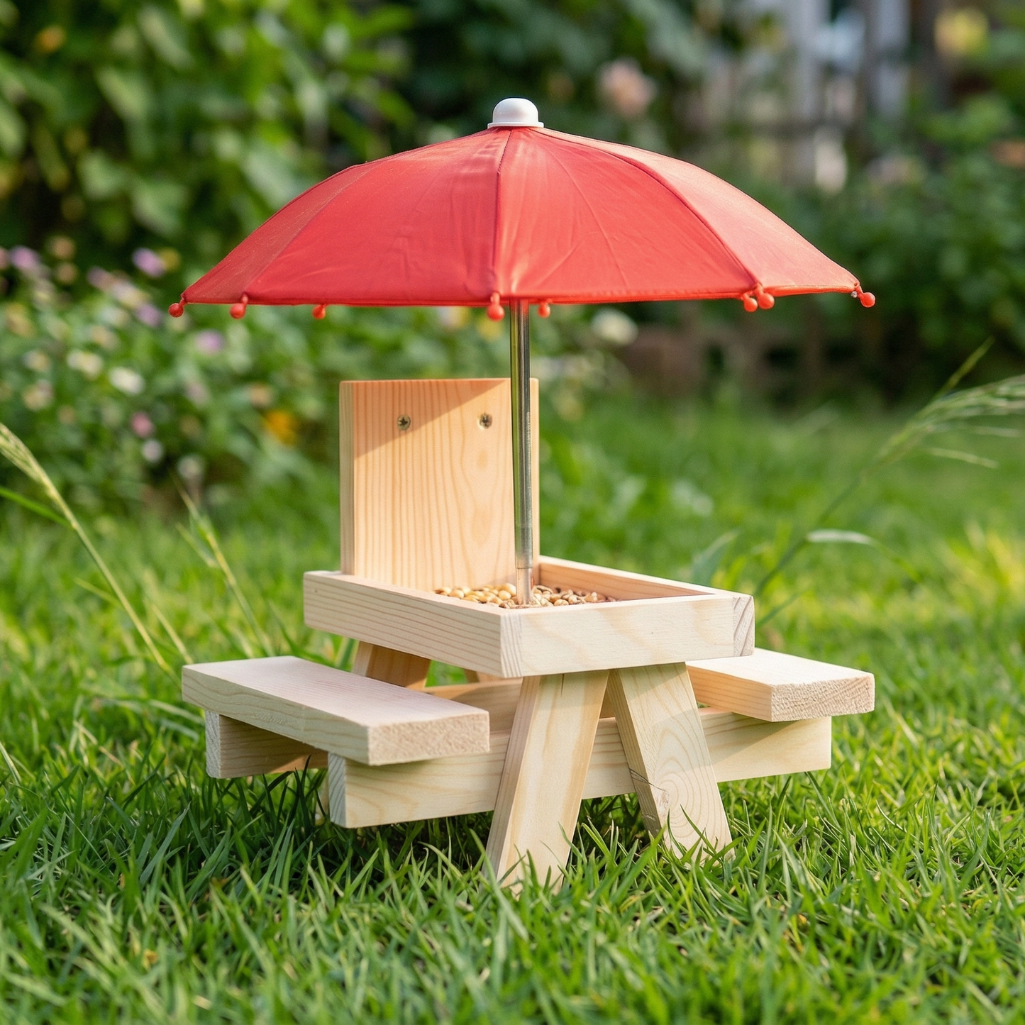 Wooden Squirrel Picnic Table Feeder With Umbrella