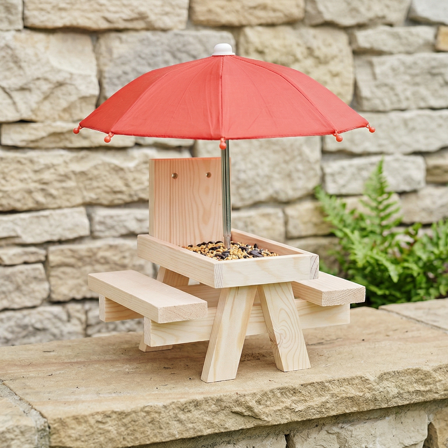 Wooden Squirrel Picnic Table Feeder With Umbrella