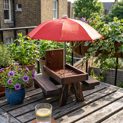 Wooden Squirrel Picnic Table Feeder With Umbrella
